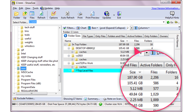 Folder Size list in ShowSize helps find large, disk space consuming folders