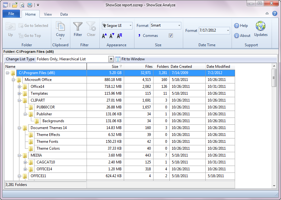 ShowSize Analyze report analyzer of disk space